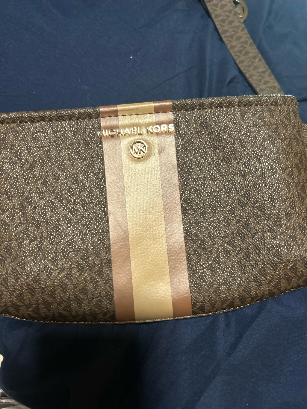 Michael Kors Brown Logo Crossbody With Tan And Cream Stripe